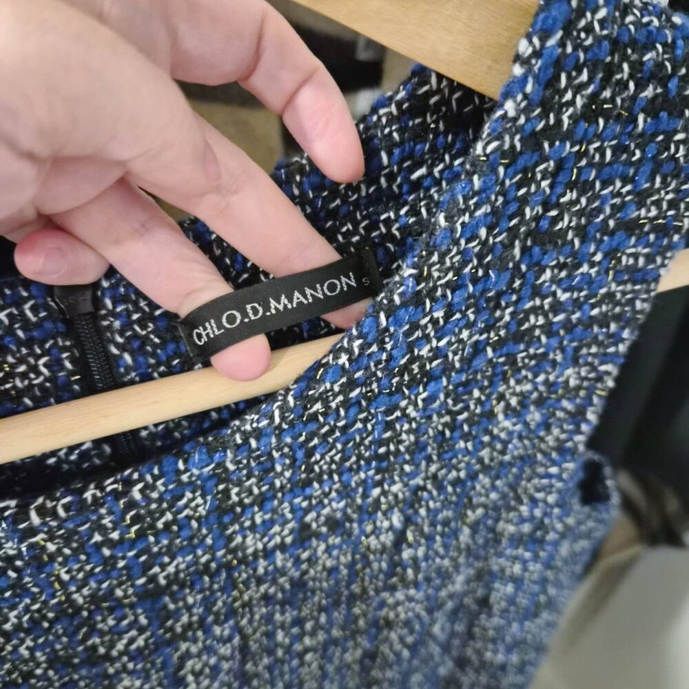 Chlo.D.Manon Blue Tweed Fit & Flare Sleeveless Dress Size S Boutique Chic - Picture 3 of 4